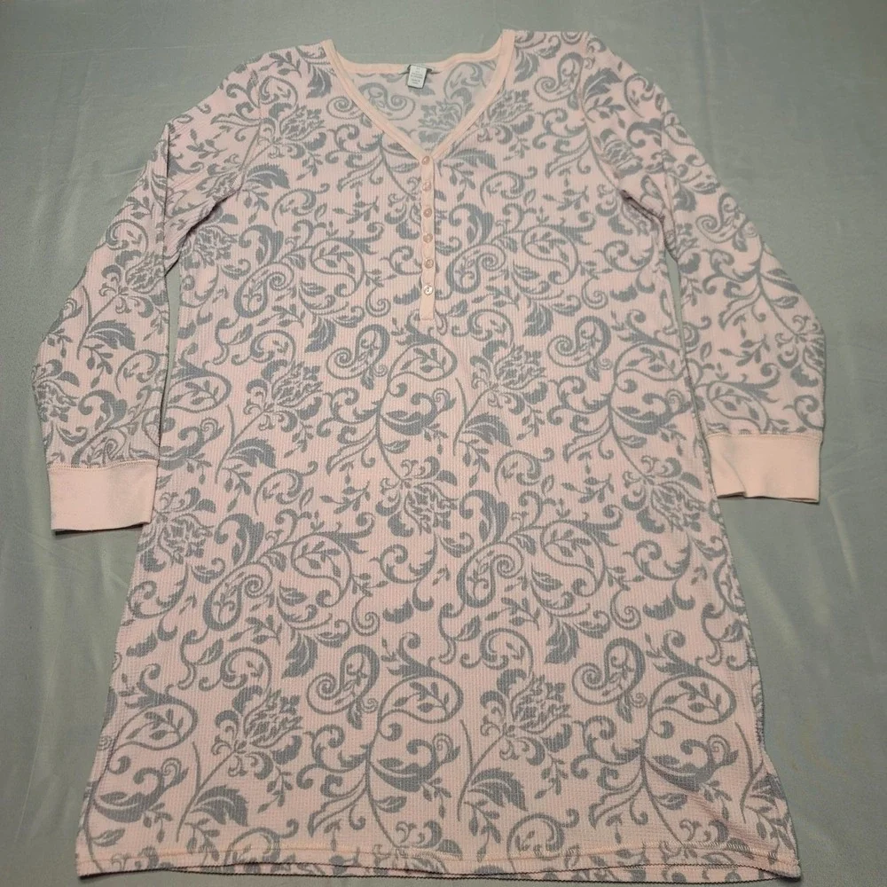 Charter Club Nightgown Women Medium Pink Grey Floral Paisley Henley Waffle Knit